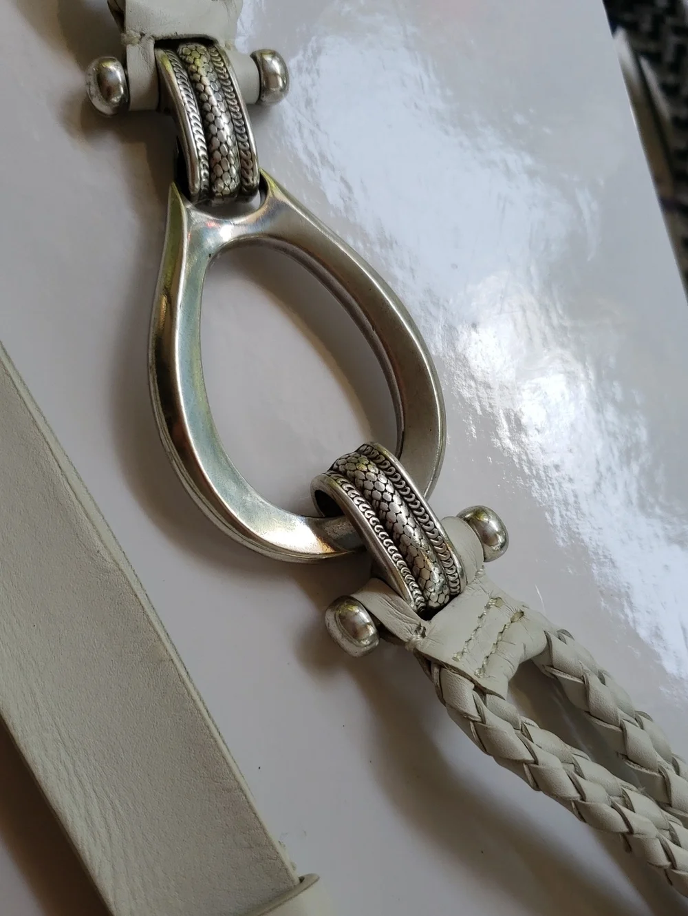 White Braided Leather Belt with Silver Hardware 38